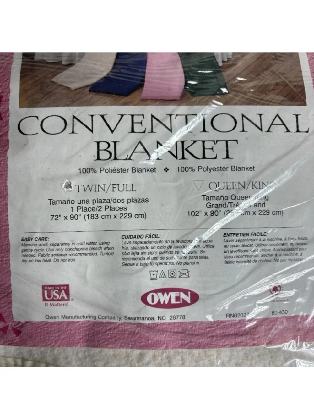 Vintage 80s OWEN Conventional Twin/Full Blanket Ivory/Cream w/Binding NEW